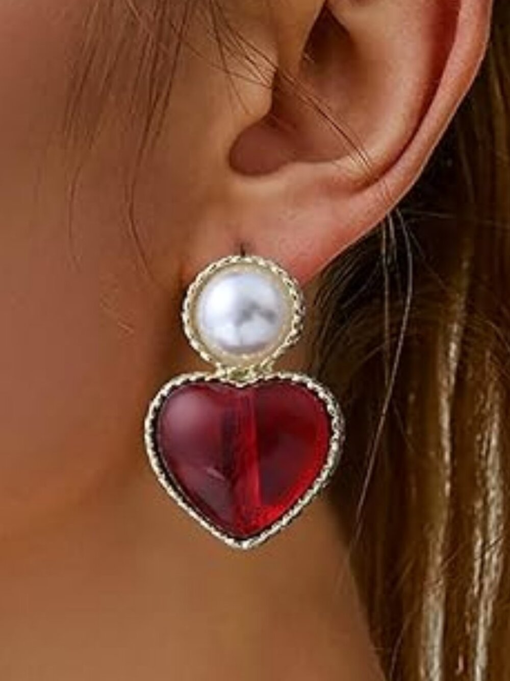 Red Hearts with Pearls Gold Tone Earrings Chunky Statement Heart
